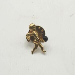 Mini Gold Tone Cherub Angel Cupid Figural Lapel Pin TieTack Black Bead Signed D